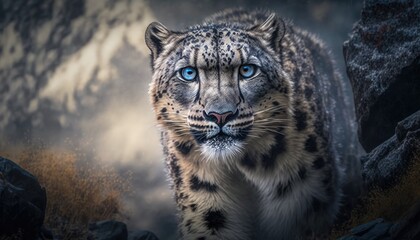 Wall Mural - a macro shot of a majestic snow leopard prowling through the himalayas generative ai