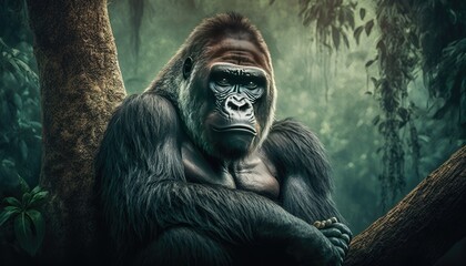 Wall Mural - a majestic gorilla sitting on a tree branch in a jungle paradise generative ai