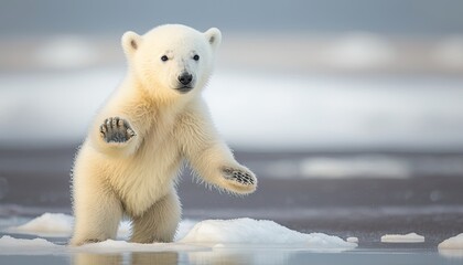 a majestic of a polar bear cub playing on the arctic tundra generative ai