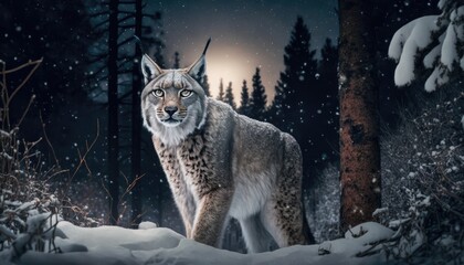 Wall Mural - a majestic lynx hunting in the snowy forest under the moonlight generative ai