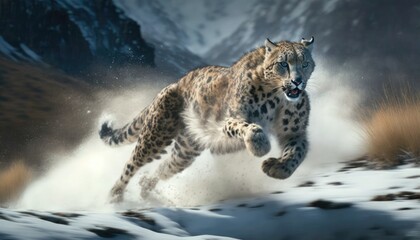 Wall Mural - a snow leopard pouncing on its prey in the himalayas generative ai