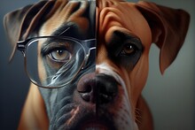Generative AI Collage Of Young And Aged Adorable Purebred Boxer Dog In Eyeglasses Looking At Camera With Attention Against Gray Background