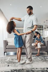 Wall Mural - Love, family and father dancing with girl, lounge and happiness together with loving, mother and son on couch. Happy, father or daughter dance in living room, quality time or bonding for child growth