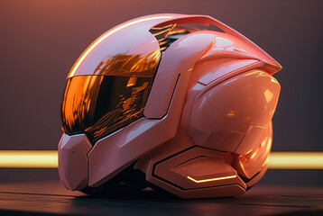 Wall Mural - Peach colored glowing translucent helmet, futuristic neon lighting. Generative AI.