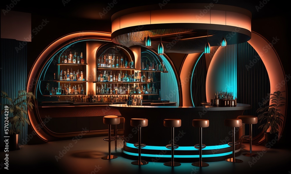 Night club Bar counter. Dance club's neon-lit interior. Modern style RGB lights bar counter. Generative AI