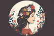 Young girl with crown of flowers retro style vector illustration. Generative AI