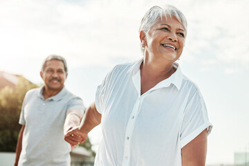 Poster - Senior couple holding hands in park for outdoor wellness, happy retirement and valentines love in Mexico. Mexican elderly woman with her partner walking together for nature support, care and fun