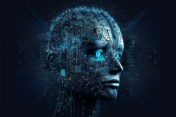 Wall Mural - neural network of big data and artificial intelligence circuit board in the head and face of a blue 