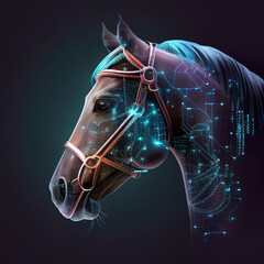 Wall Mural - neural network of a horse with big data and artificial intelligence circuit board in the head of the
