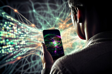 Wall Mural - male technician with a mobile smart phone facing a virtual internet environment with big data and ar