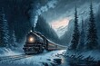 © The 2R Artificiality - Fantasy train across a winter wilderness. They enjoyed dining while enjoying snowy rail excursions, smoke, spotlights, and a mystical winter forest at night. illustration. Generative AI