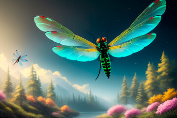 Wall Mural - Digital painting art of dragonfly,illustration, flying dragonfly. Generative AI