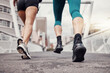 © Coetzee/peopleimages.com - Fitness, city or legs running in training, workout or cardio exercise on New York bridge for a marathon. Zoom, runners or friends athletes with sports motivation, mindset or resilience for goals