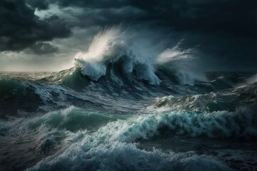 Poster - Storm related sea waves in the Atlantic Ocean. Generative AI