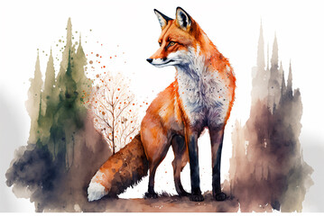 Cute Fox Watercolor illustration. Generative AI