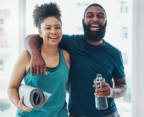 Sticker - Portrait, yoga and a couple of friends in a gym for fitness while laughing at a joke or being funny together. Happy, excited and joy with yogi black people joking indoor during a wellness workout