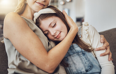 Canvas Print - Love, hug or mother with a girl to relax as a family in living room bonding in Australia for childcare. Hugging, smile or mom with a happy calm kid enjoying quality time on a peaceful holiday at home