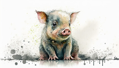 Sitting Little Cute Happy Piglet. WaterColor art. Generative AI