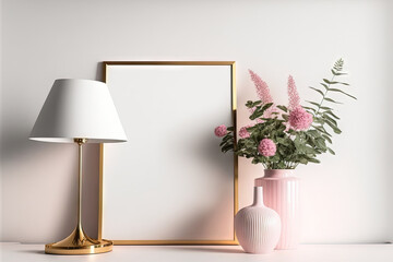 Arrangement of flowers, a pink lamp design, and two picture frames on a white background. Generative AI