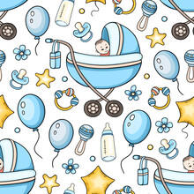 Seamless Pattern With Blue Baby Carriage