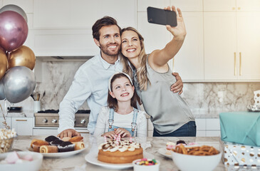 Sticker - Selfie, parents or girl in celebration of a happy birthday in house party or kitchen with popcorn or cake. Mother, father or child bonding with love or care in family home take pictures to celebrate