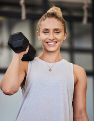 Canvas Print - Happy woman, dumbbell and portrait of a athlete with a smile ready for training, exercise and workout. Sports gym, happiness and young person bodybuilder in a health, wellness and sport center