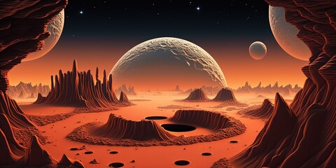Wall Mural - science fiction history. Secondary planet has craters and grooves all over it. a planet's solid surface in the distance. Generative AI