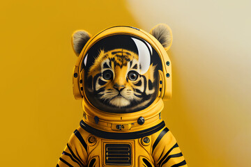 cute baby tiger astronaut over yellow background. generative ai