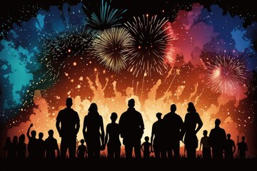 Wall Mural - large fireworks display with spectators in silhouettes. Generative AI