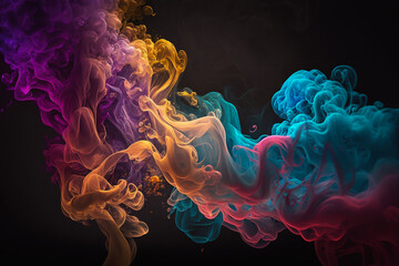 Wall Mural - Colorful smoke, dark black studio background, fog mist backdrop