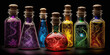 colourful potion vials. Generative AI image.