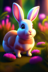 Wall Mural - A cute rabbit in a colorful and sunny forest. Generative AI.