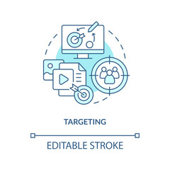 Sticker - Targeting turquoise concept icon. Focus on audience. Social media advertising benefit abstract idea thin line illustration. Isolated outline drawing. Editable stroke. Arial, Myriad Pro-Bold fonts used