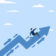 © FAHMI  - Business trend, trend setter or leadership to follow, leading direction concept, initiative thinking to be different and lead to success, entrepreneur riding trend arrow followed by small follower.