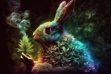 Wall Mural - Rabbit hare Animal smoking ganja weed illustration generative ai