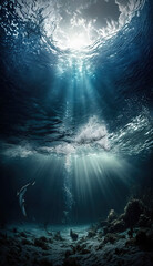 Wall Mural - Under the Water. Under the Ocean. Beams of sunlight piercing through. Underwater shot. Generative AI.