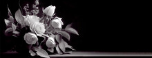 White Roses On A Dark Background. Condolence Card. Empty Place For Emotional, Sentimental Text Or Quote. Black And White Image. AI Generated