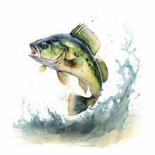 A Cute Bass Fish Jumping, Looking Here, Watercolors, White Background - Generative AI