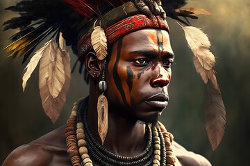 close up portrait of African tribe man wearing make up an d traditional outfit, Generative Ai not real people