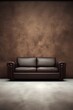 © unalcreative - Sofa of brown leather standing in center on concrete floor against dark grey wall with copy space. Vintage brown leather sofa with grunge gray wall living room - generative ai