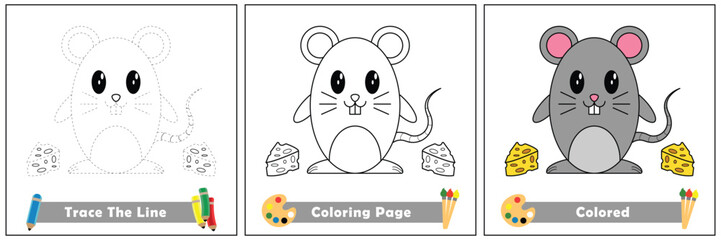  trace and color for kids, coloring book for kids, mouse kawaii vector.