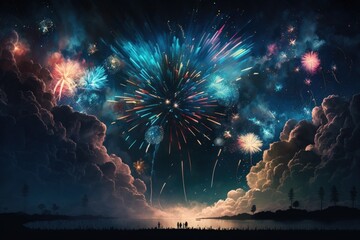 Canvas Print - Black sky with blue and colorful fireworks in the foreground. Generative AI