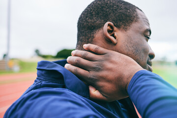 Wall Mural - Black man, neck pain and injury after exercise, workout or training accident at stadium. Winter sports, fitness and male athlete with fibromyalgia, inflammation and painful muscles after running.