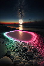 Picture Of A Beach At Night With A Full Moon In The Sky. Generative Ai.