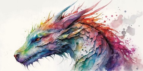 Wall Mural - Stunning watercolor depicting a rainbow dragon with brilliant colors and a white background. Generative AI
