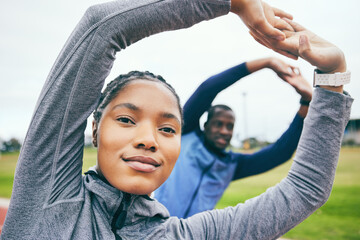 Sticker - Portrait, black woman on field and stretching for fitness, workout and training for wellness, health and balance. Exercise, man and African American female athlete stretch arms, outdoor and practice