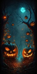 Poster - Halloween Jack o lanterns in a spooky forest at night. Generative AI