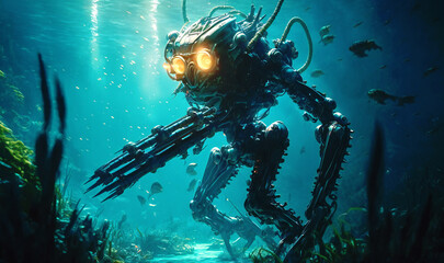 Wall Mural - A spearfishing robot braves the depths of the sea to catch its prey