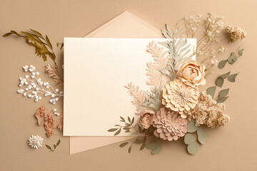 Wall Mural - Invitation card blank mock up. Bohemian trendy chic background pattern with botanical floral motifs and gold foil touch in nude beige pastel color palette Generative AI