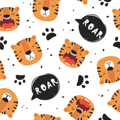 Wall Mural - Seamless pattern with face of cute tiger. Vector illustration in flat style.